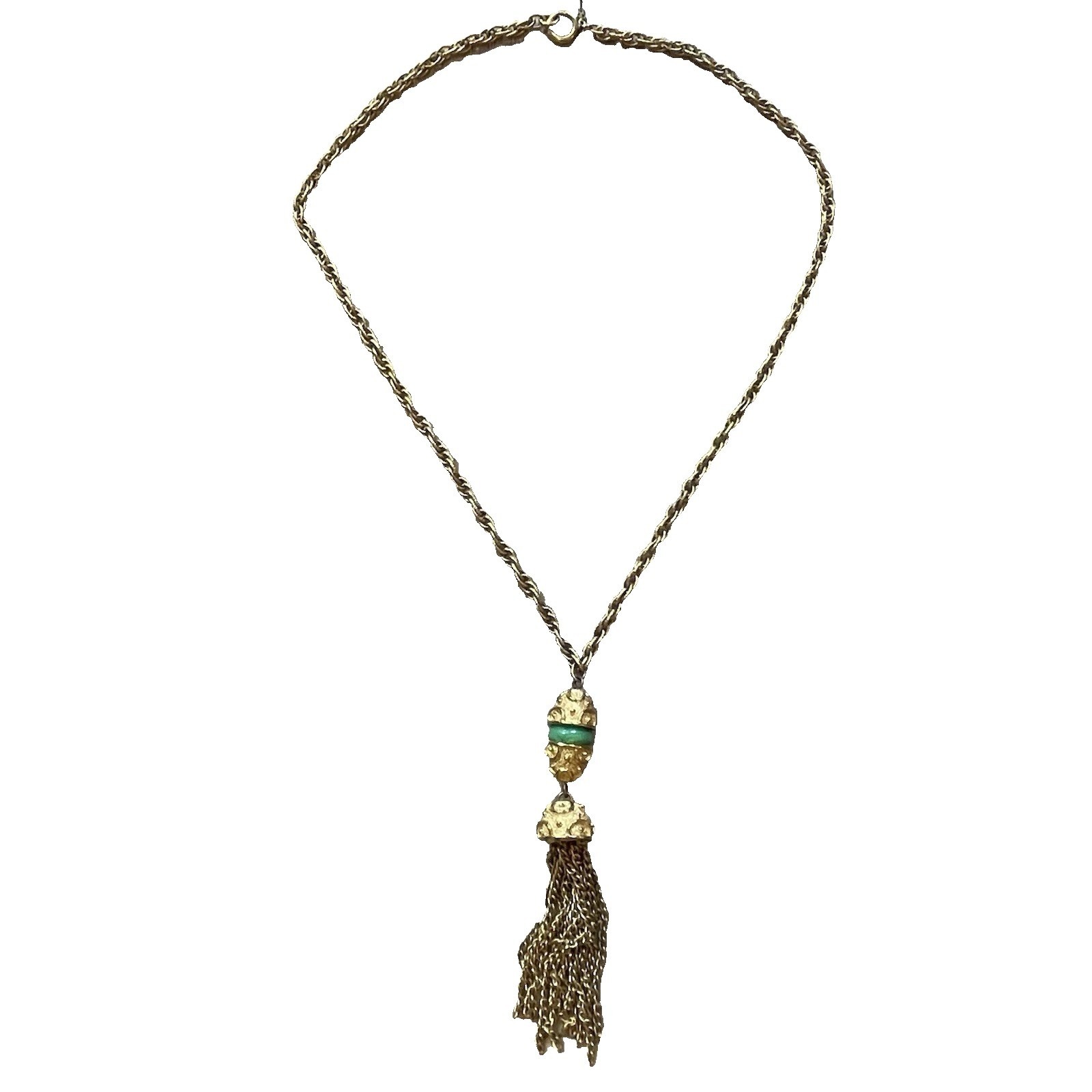 Vintage Tacoa Gold Tone Necklace With Tassel Pendant 18 Inch Green Enamel